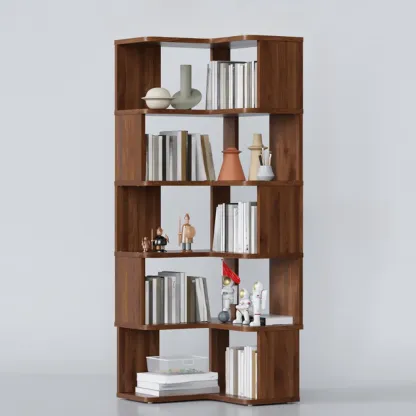 6-Tier L-Shaped Wood Nut-Brown Open Corner Bookcase Image - 33
