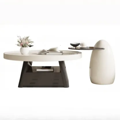 Black Beige Wood Round Tray Coffee Table with Shelf and Drawer Image - 4