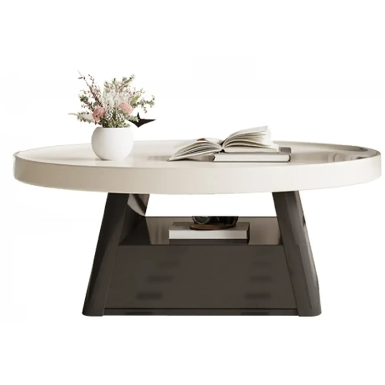Black Beige Wood Round Tray Coffee Table with Shelf and Drawer Image - 5