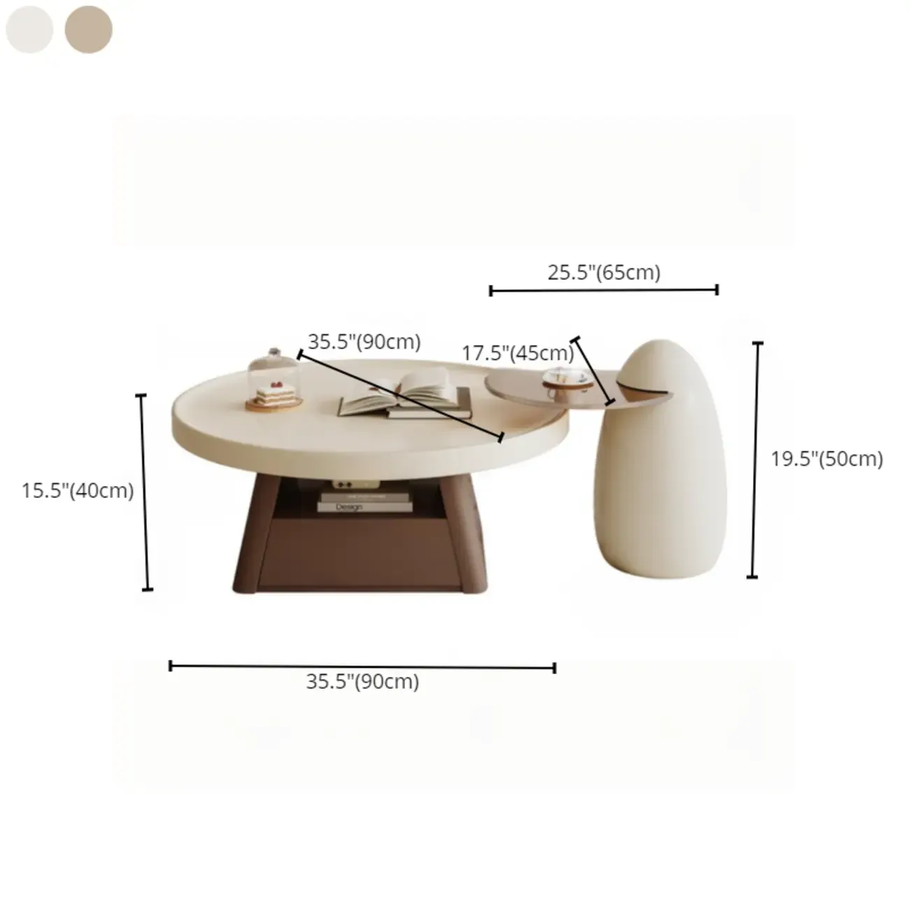 Black Beige Wood Round Tray Coffee Table with Shelf and Drawer #size