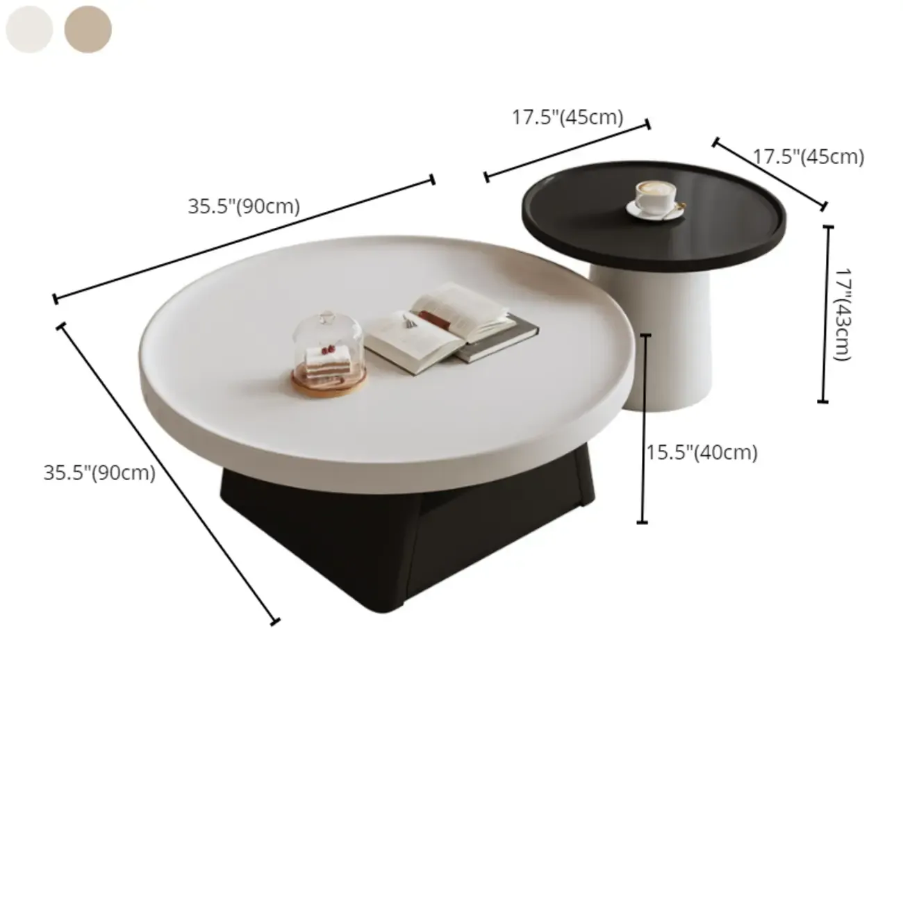 Black Beige Wood Round Tray Coffee Table with Shelf and Drawer Image - 7