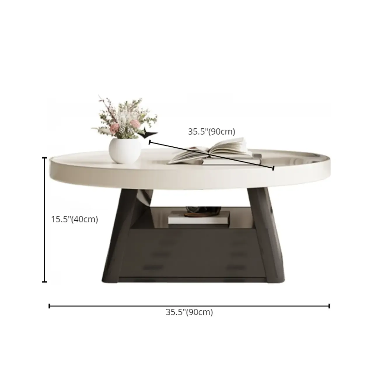 Black Beige Wood Round Tray Coffee Table with Shelf and Drawer Image - 8