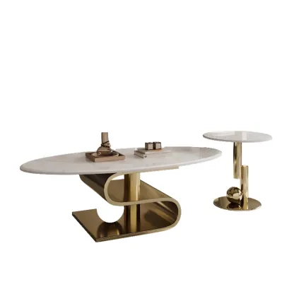 Glam White Stone Oval Abstract Coffee Table Image - 5