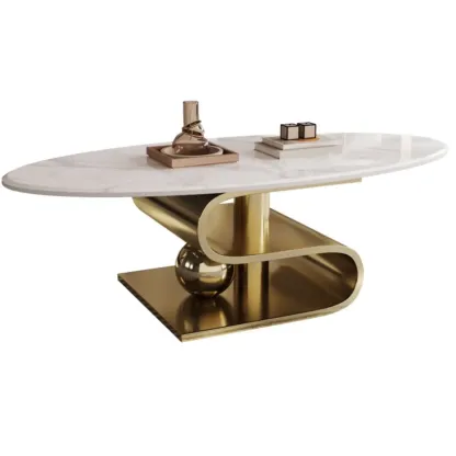 Glam White Stone Oval Abstract Coffee Table Image - 6