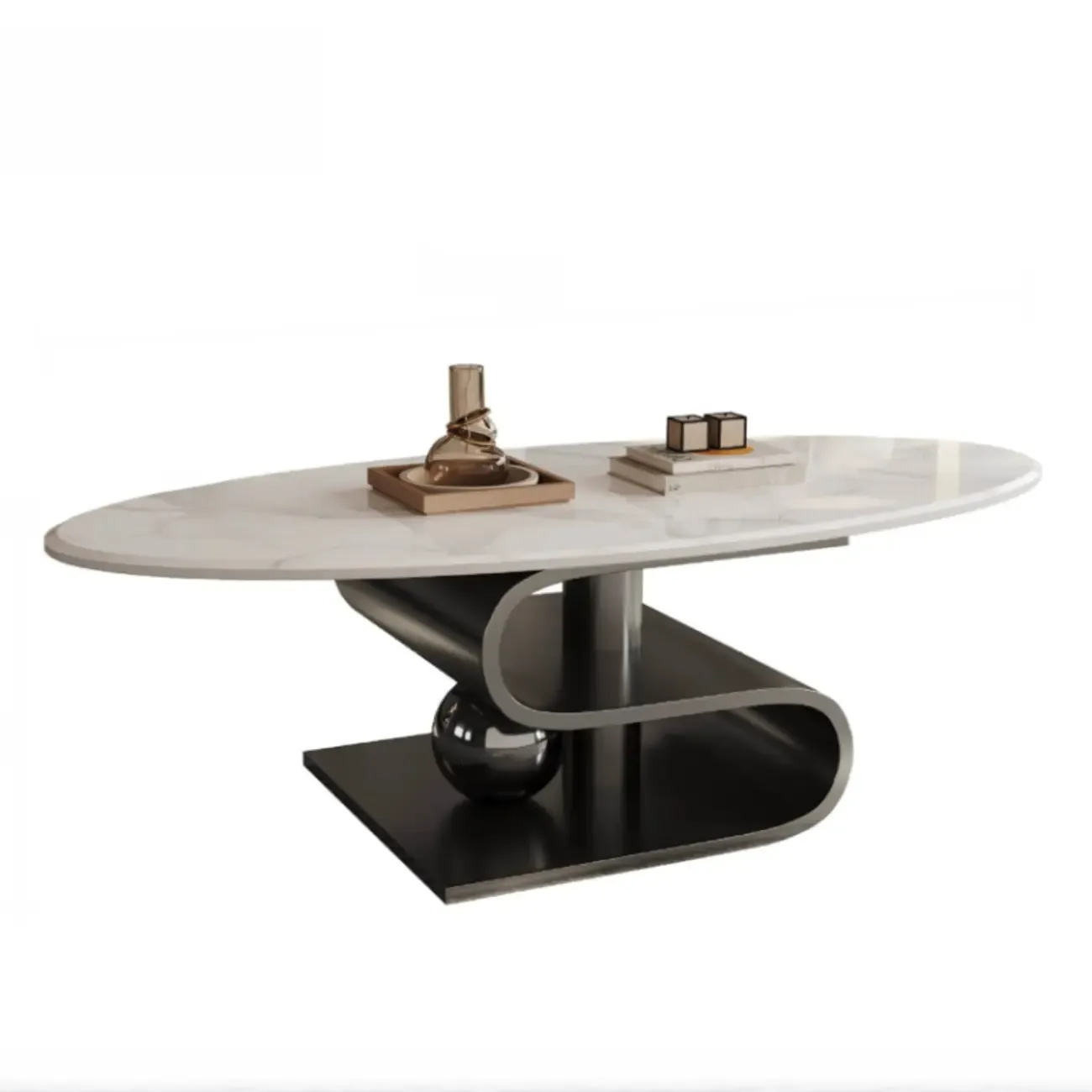 Glam White Stone Oval Abstract Coffee Table Image - 8