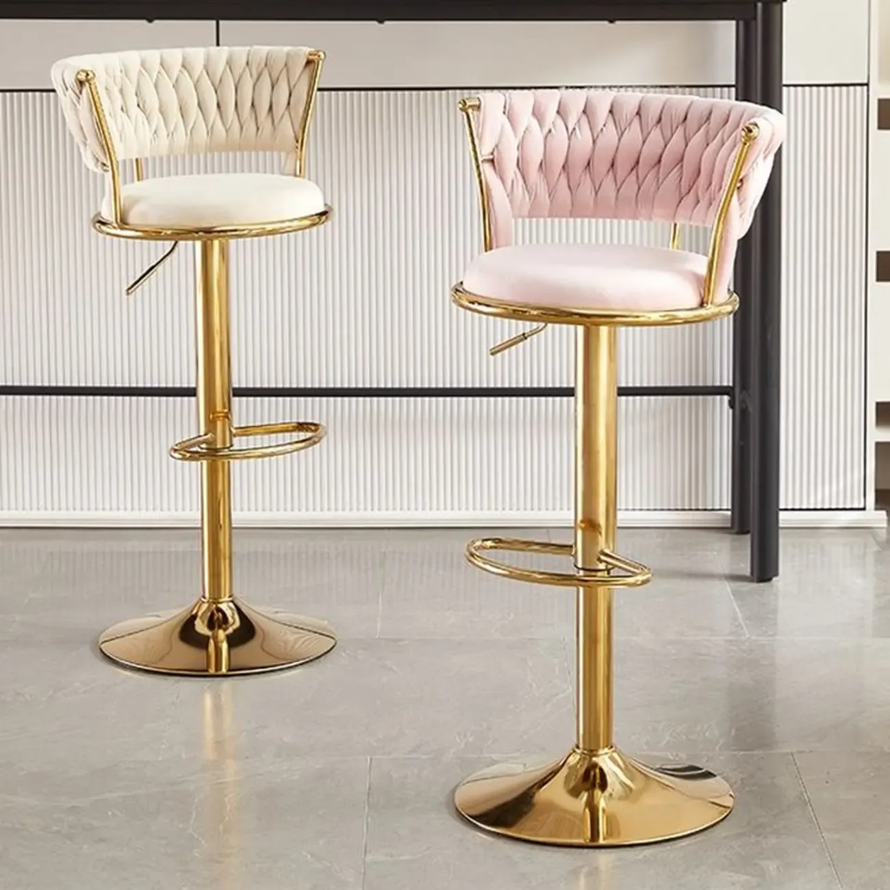 Glam Mohair Adjustable Bar Stools with Low Backrest & Gold Base Image - 2