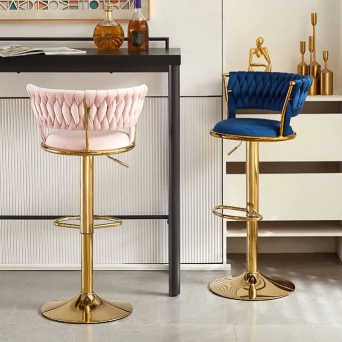 Glam Mohair Adjustable Bar Stools with Low Backrest & Gold Base Image - 3