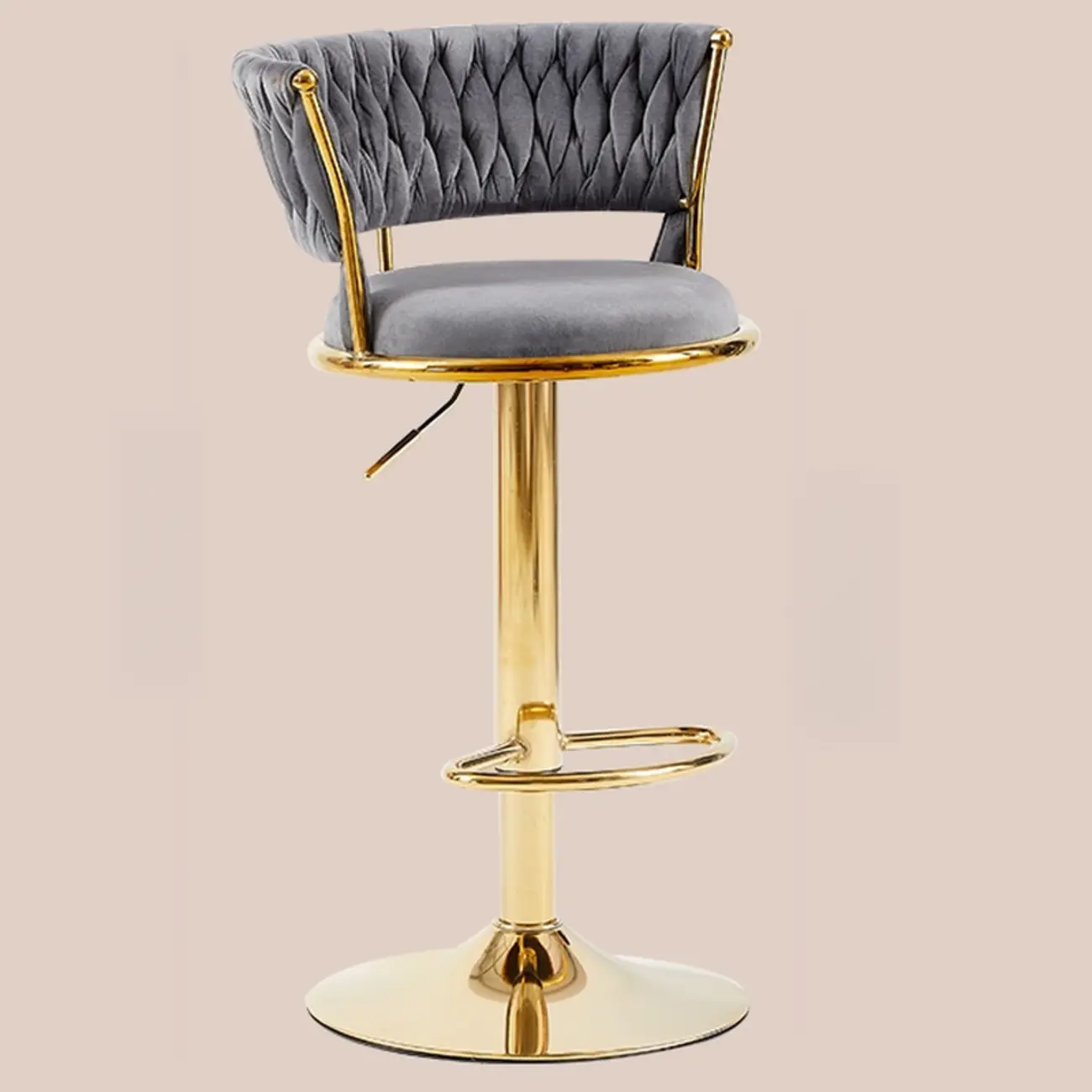 Glam Mohair Adjustable Bar Stools with Low Backrest & Gold Base Image - 9 | homeyfad