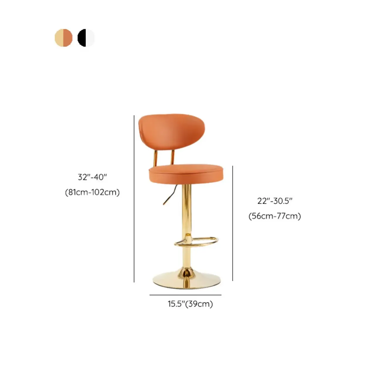 Glam Mohair Adjustable Bar Stools with Low Backrest & Gold Base #size