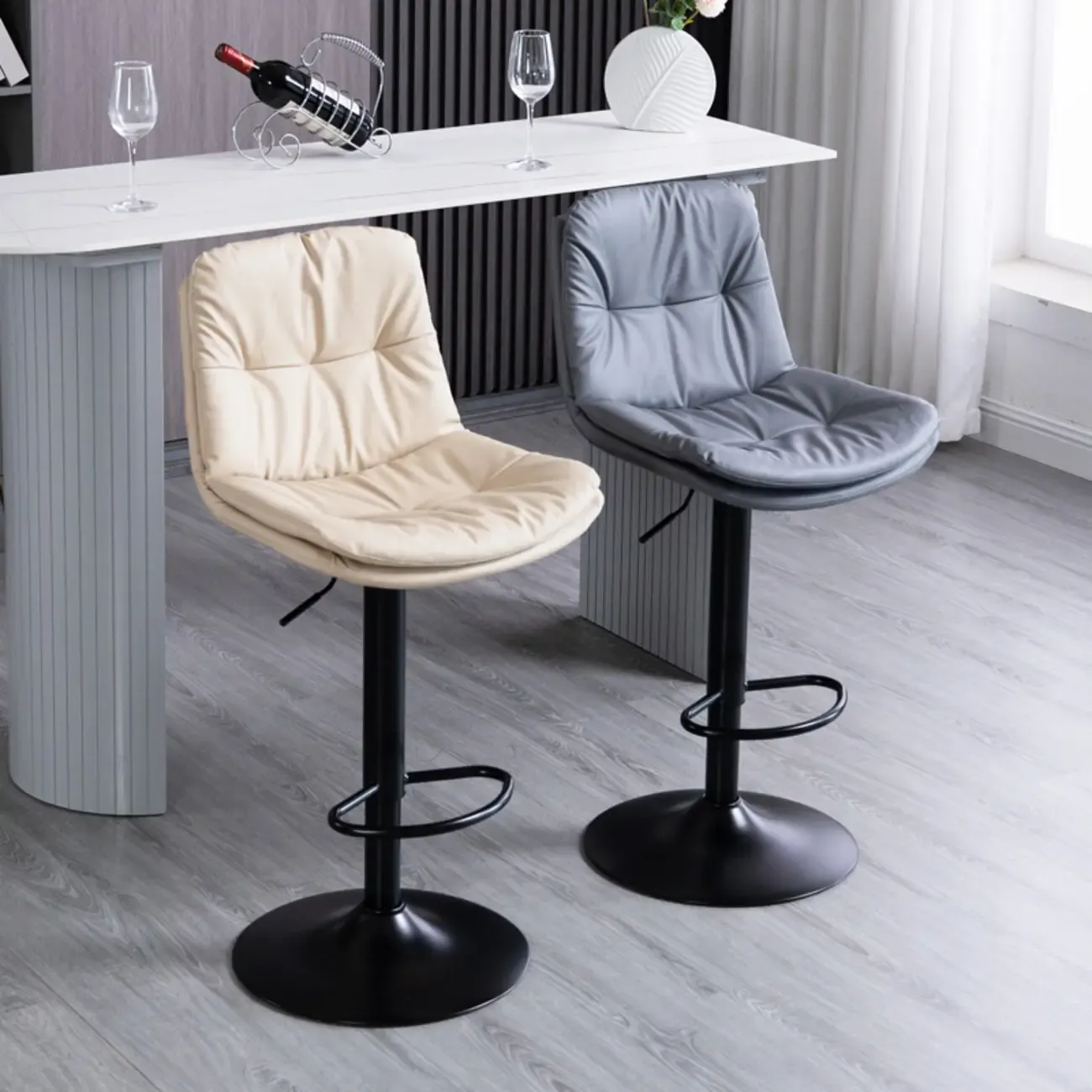 Minimalist Faux Leather Adjustable Swivel Bar Stools Image - 1