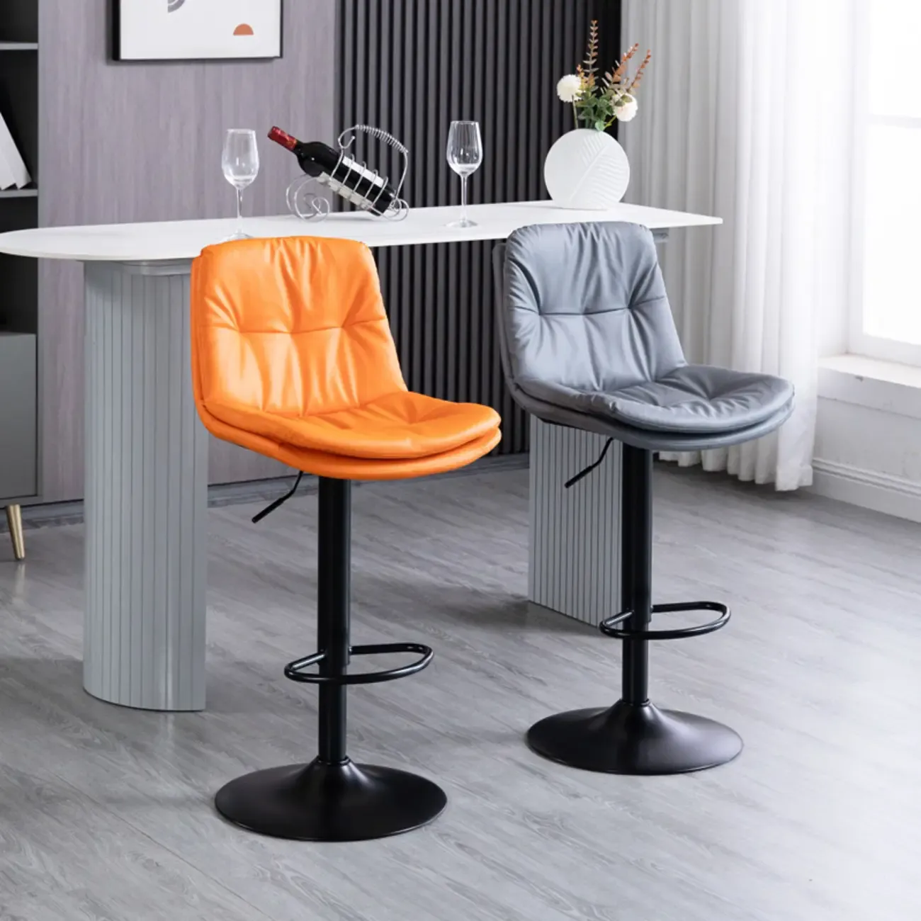Minimalist Faux Leather Adjustable Swivel Bar Stools Image - 2