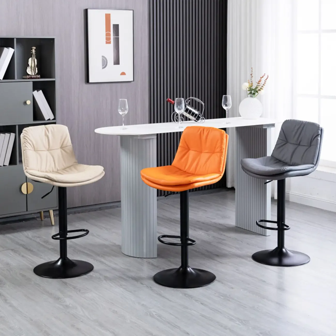 Minimalist Faux Leather Adjustable Swivel Bar Stools Image - 3