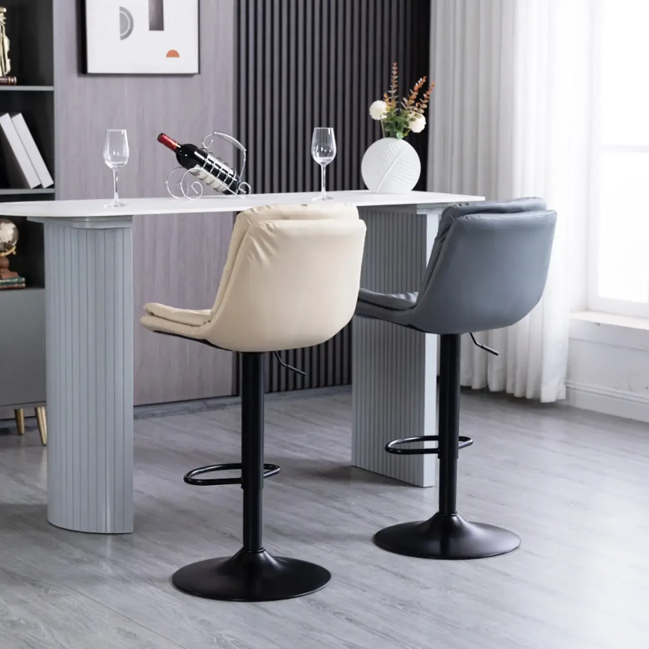 Minimalist Faux Leather Adjustable Swivel Bar Stools Image - 4