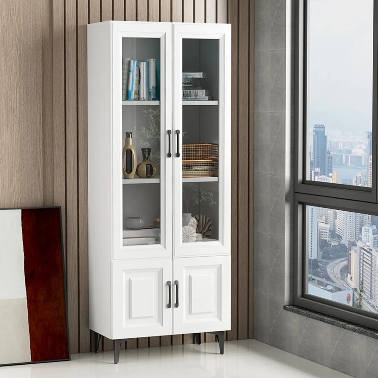 Standard White 2-Drawer Wood Bookshelf with Glass Door Image - 2 | homeyfad