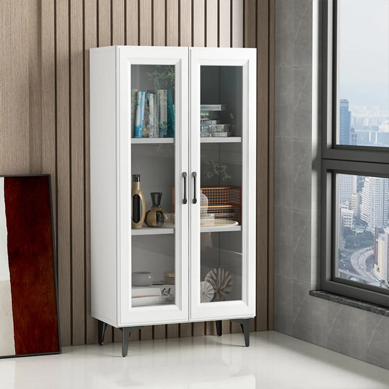 Standard White 2-Drawer Wood Bookshelf with Glass Door Image - 6 | homeyfad