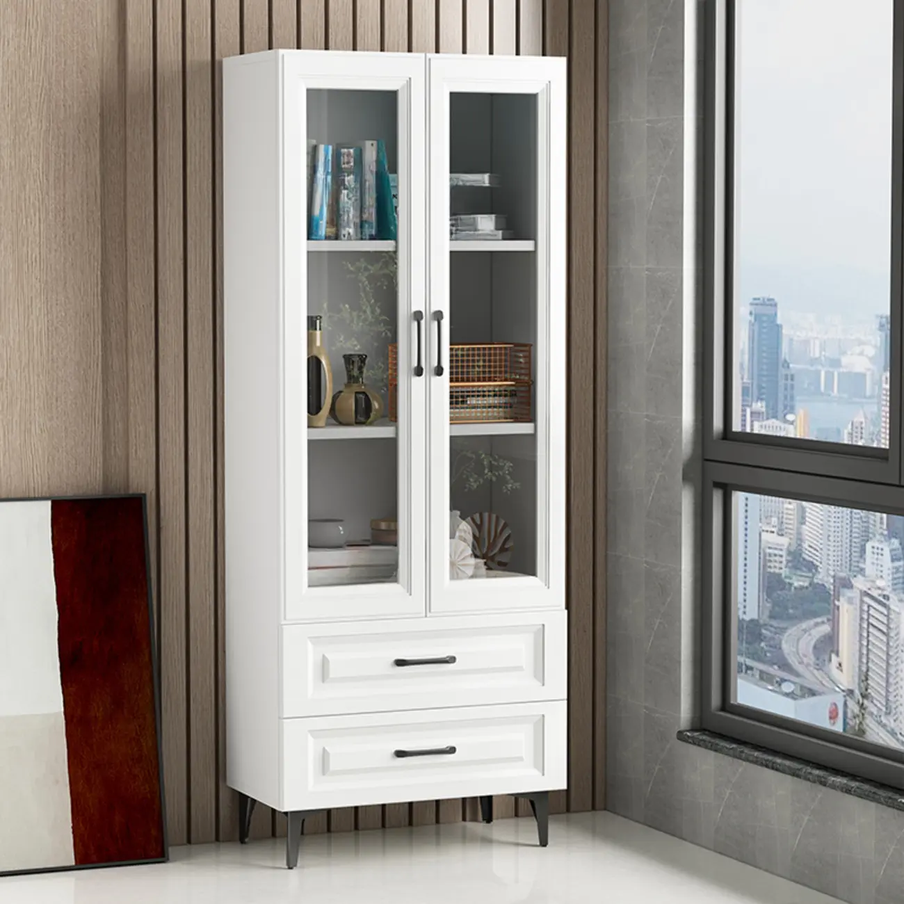 Standard White 2-Drawer Wood Bookshelf with Glass Door Image - 1 | homeyfad