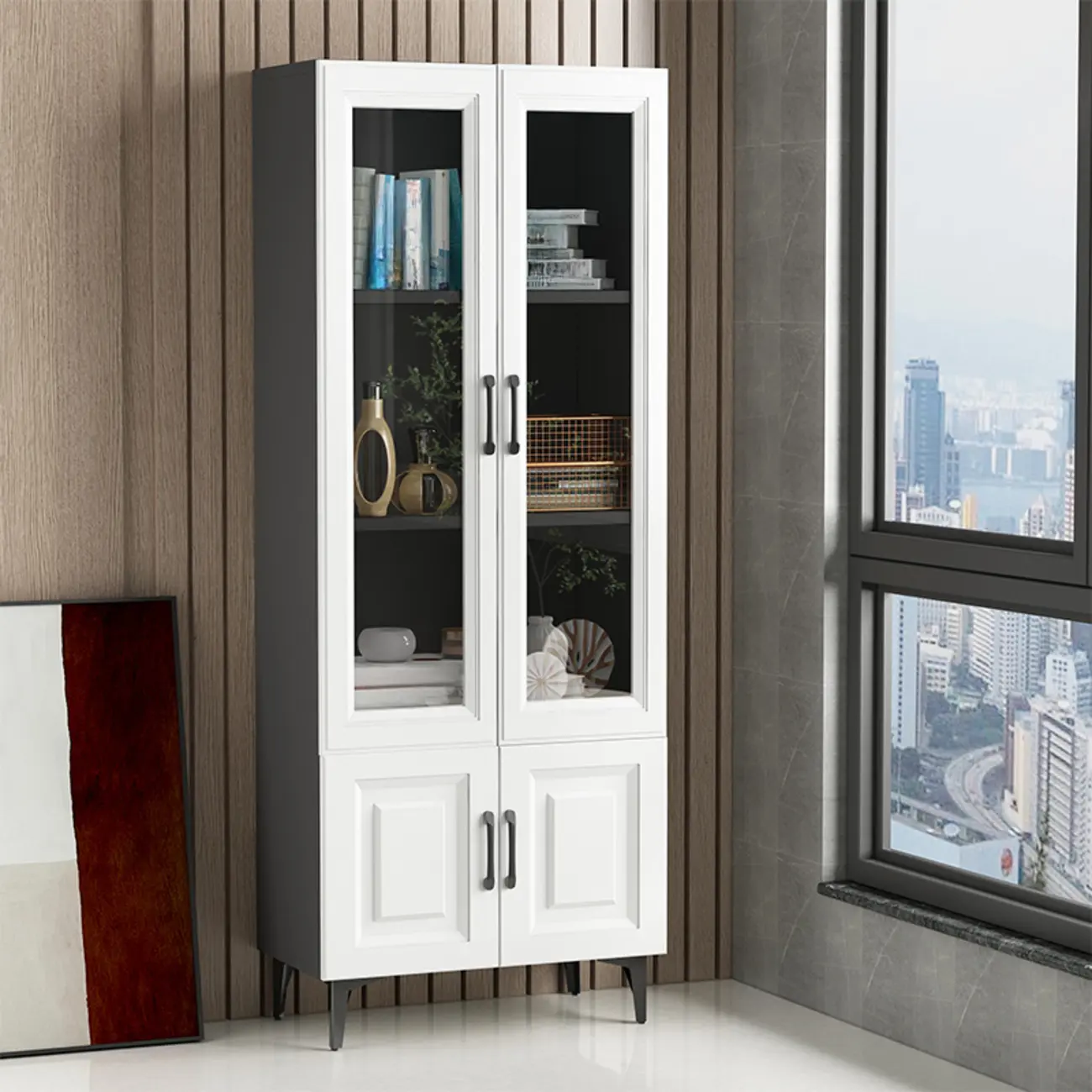Standard White 2-Drawer Wood Bookshelf with Glass Door Image - 3 | homeyfad