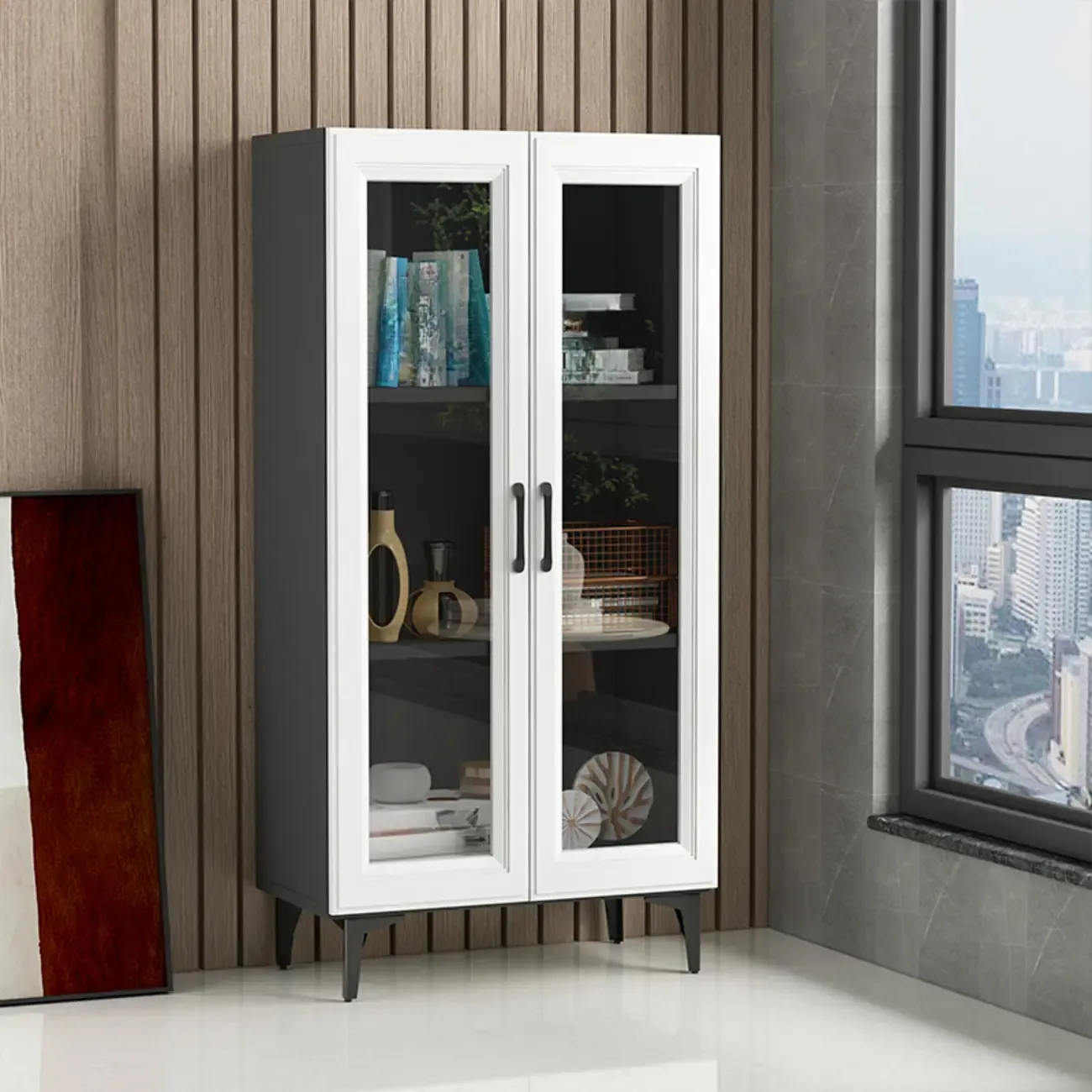 Standard White 2-Drawer Wood Bookshelf with Glass Door Image - 5