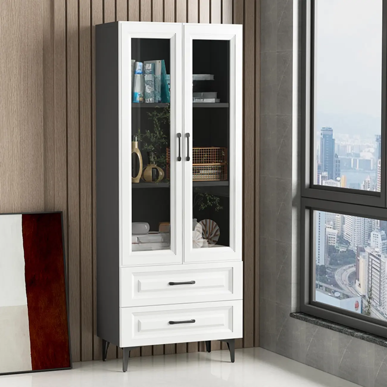 Standard White 2-Drawer Wood Bookshelf with Glass Door Image - 4 | homeyfad