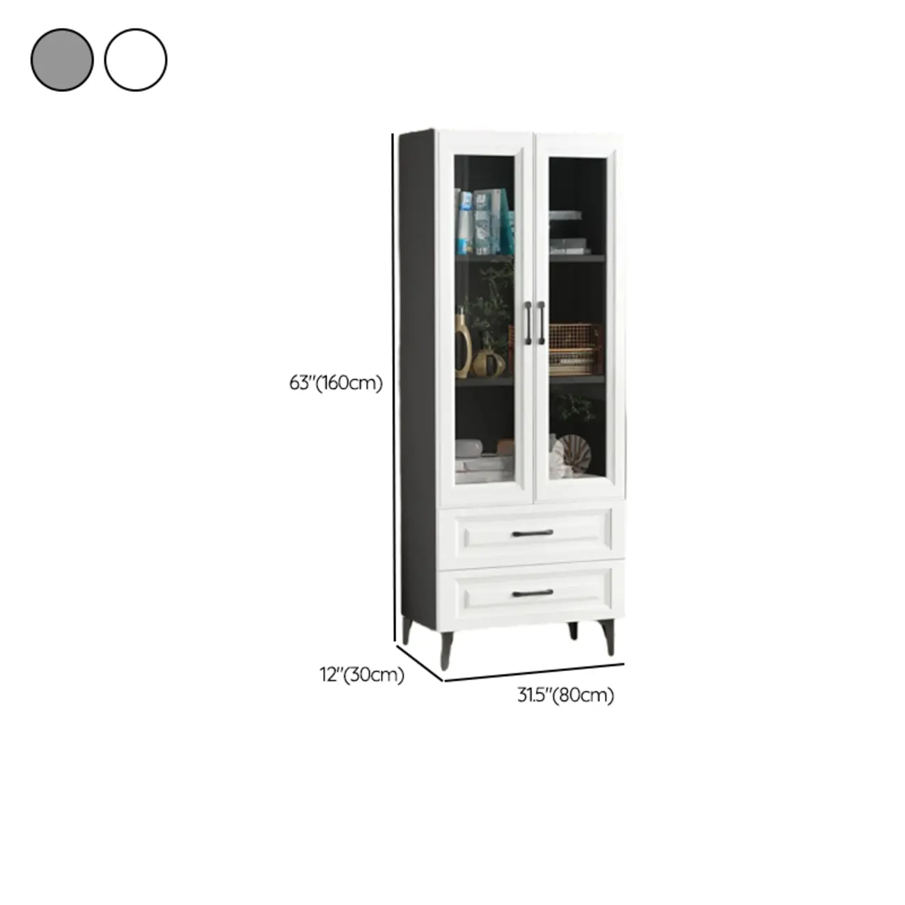 Standard White 2-Drawer Wood Bookshelf with Glass Door Image - 20 | homeyfad