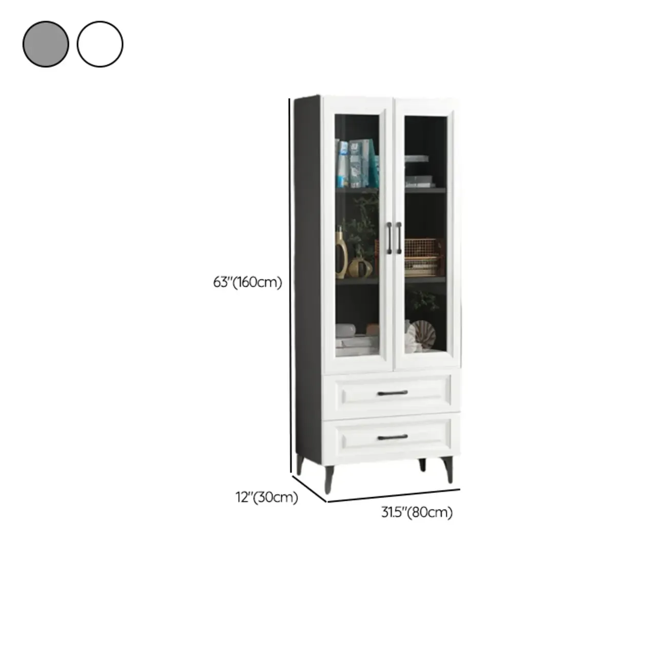 Standard White 2-Drawer Wood Bookshelf with Glass Door Image - 20