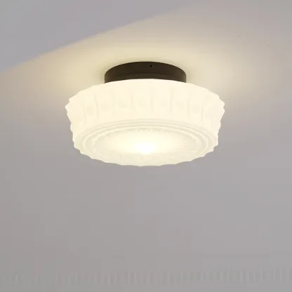Beige Round Glass Vintage Semi Flush Ceiling Light Image - 5