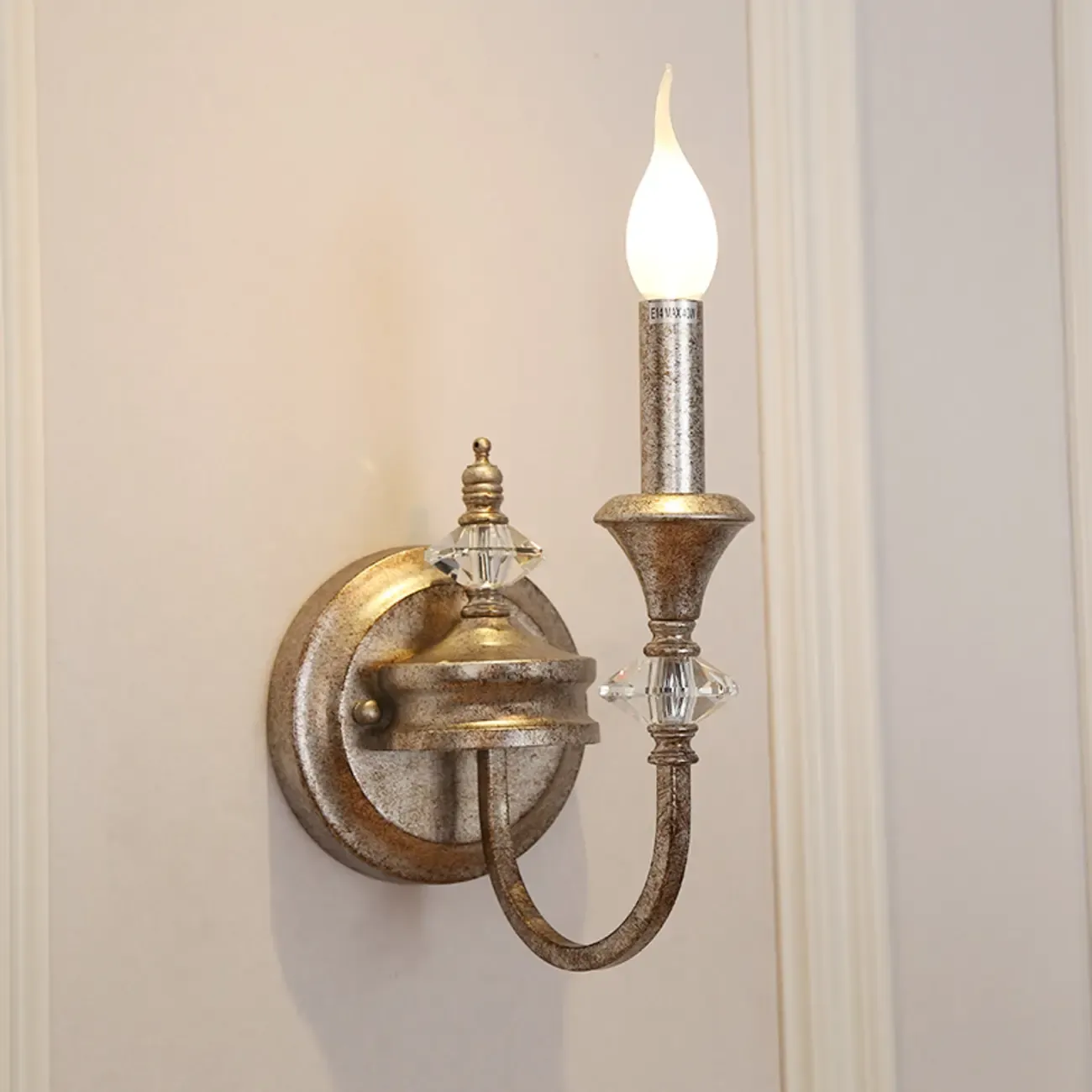 Vintage Cast Iron Candlestick Crystal Wall Sconce Image - 3