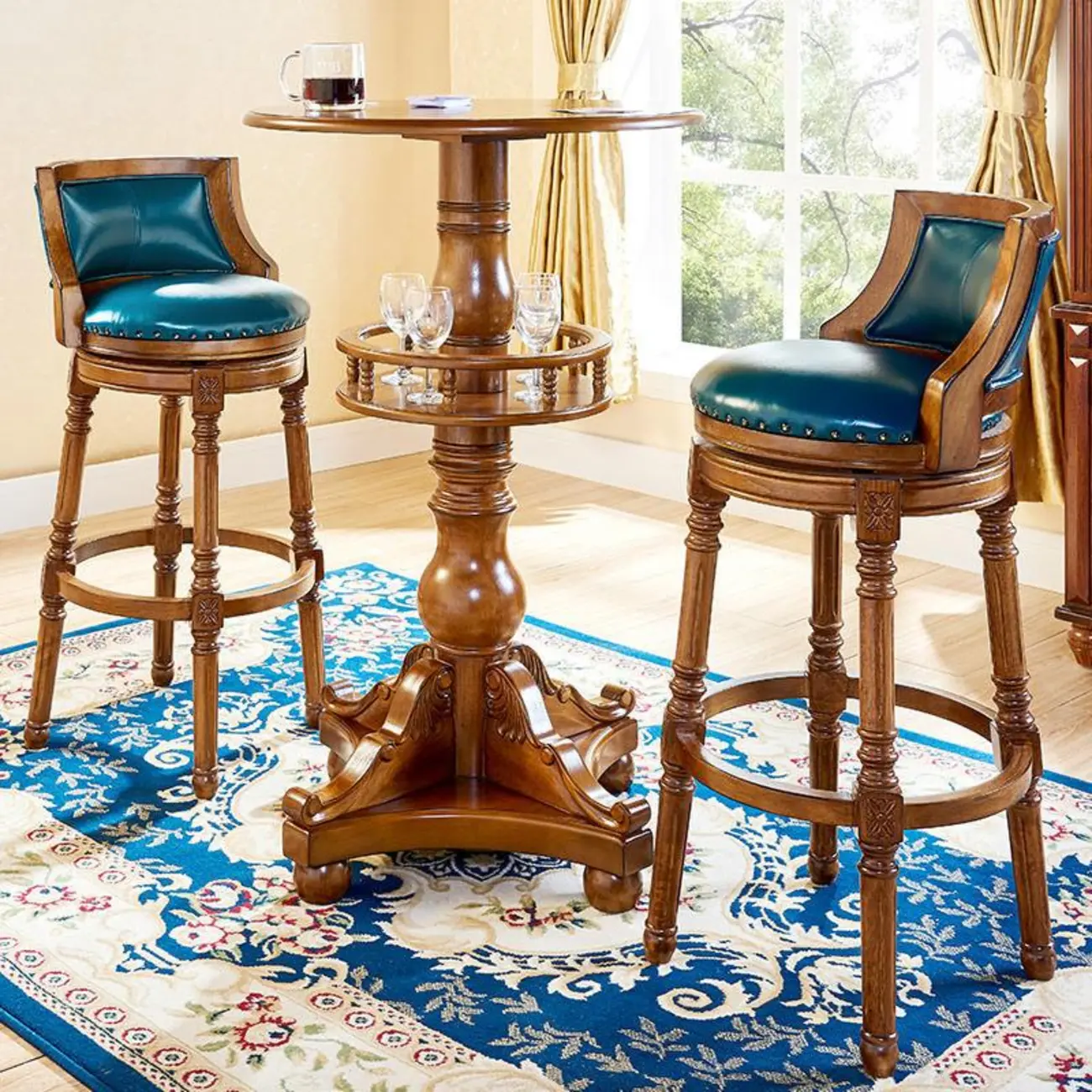 Traditional Blue Faux Leather Swivel Round Bar Stools Image - 1 | homeyfad