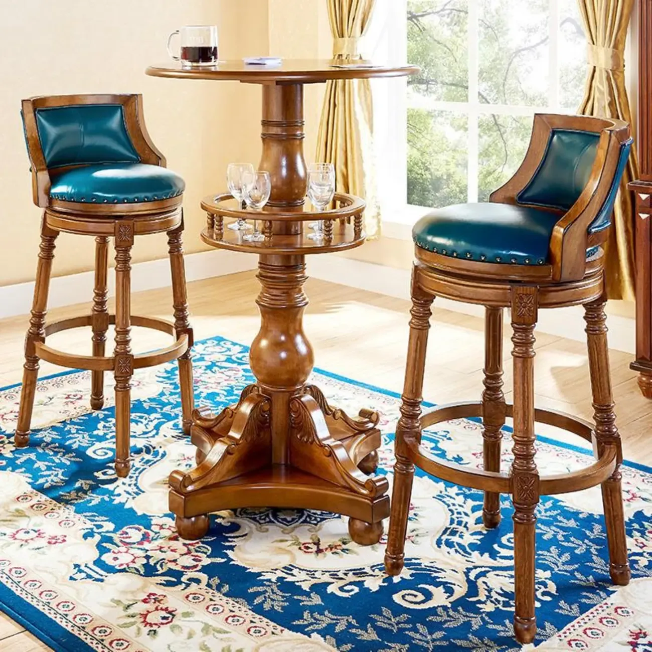 Traditional Blue Faux Leather Swivel Round Bar Stools Image - 1