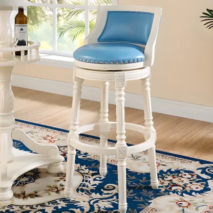 Traditional Blue Faux Leather Swivel Round Bar Stools Image - 3