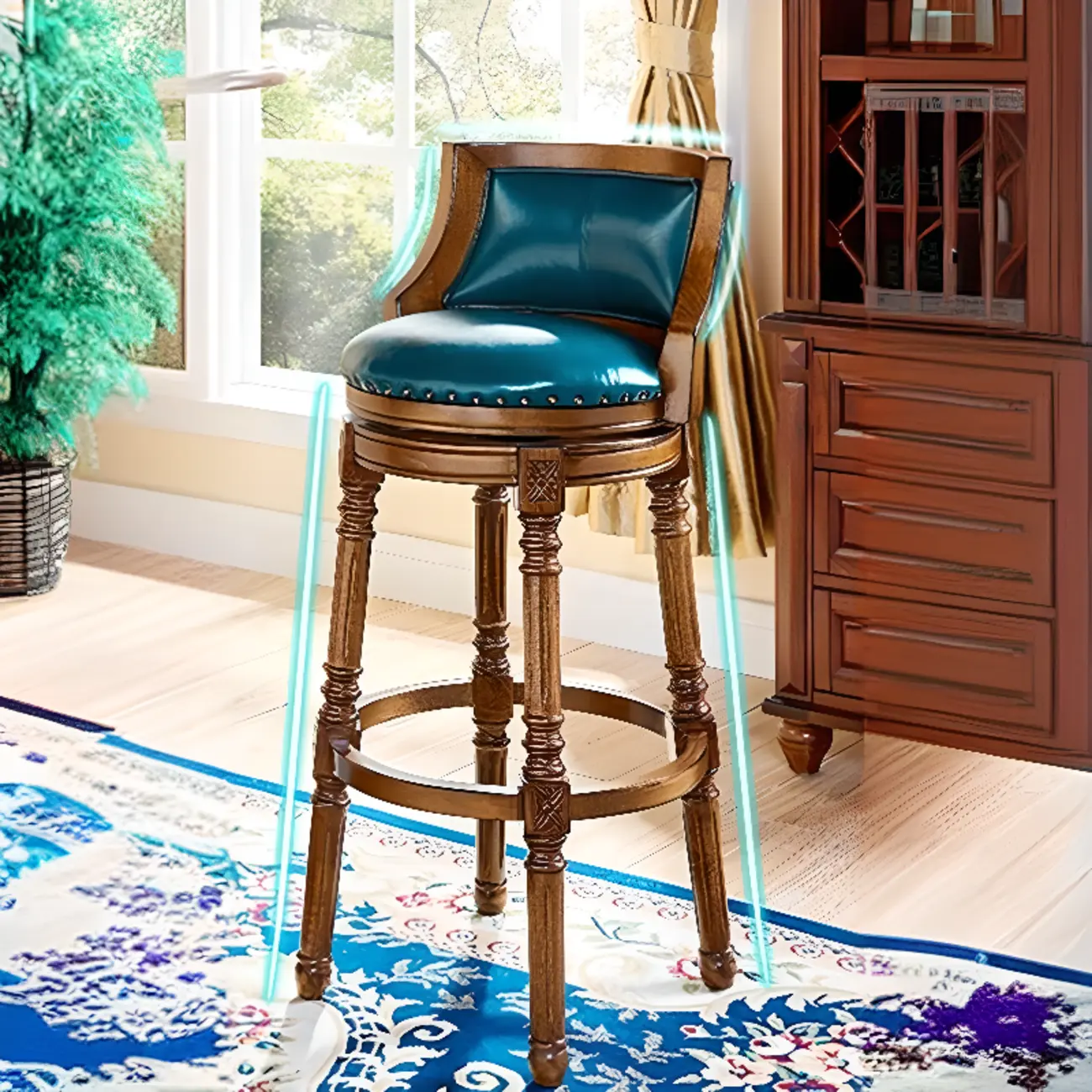 Traditional Blue Faux Leather Swivel Round Bar Stools Image - 6 | homeyfad