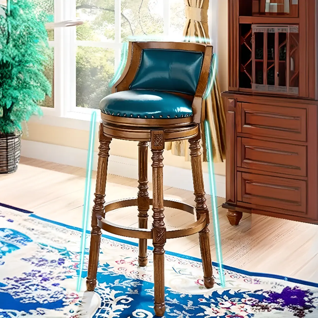Traditional Blue Faux Leather Swivel Round Bar Stools Image - 6