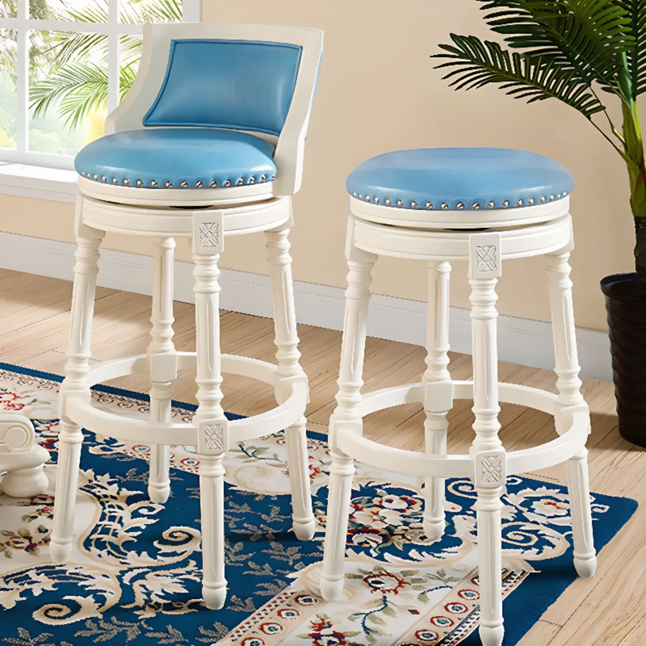 Traditional Blue Faux Leather Swivel Round Bar Stools Image - 5 | homeyfad
