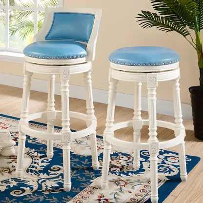 Traditional Blue Faux Leather Swivel Round Bar Stools Image - 5