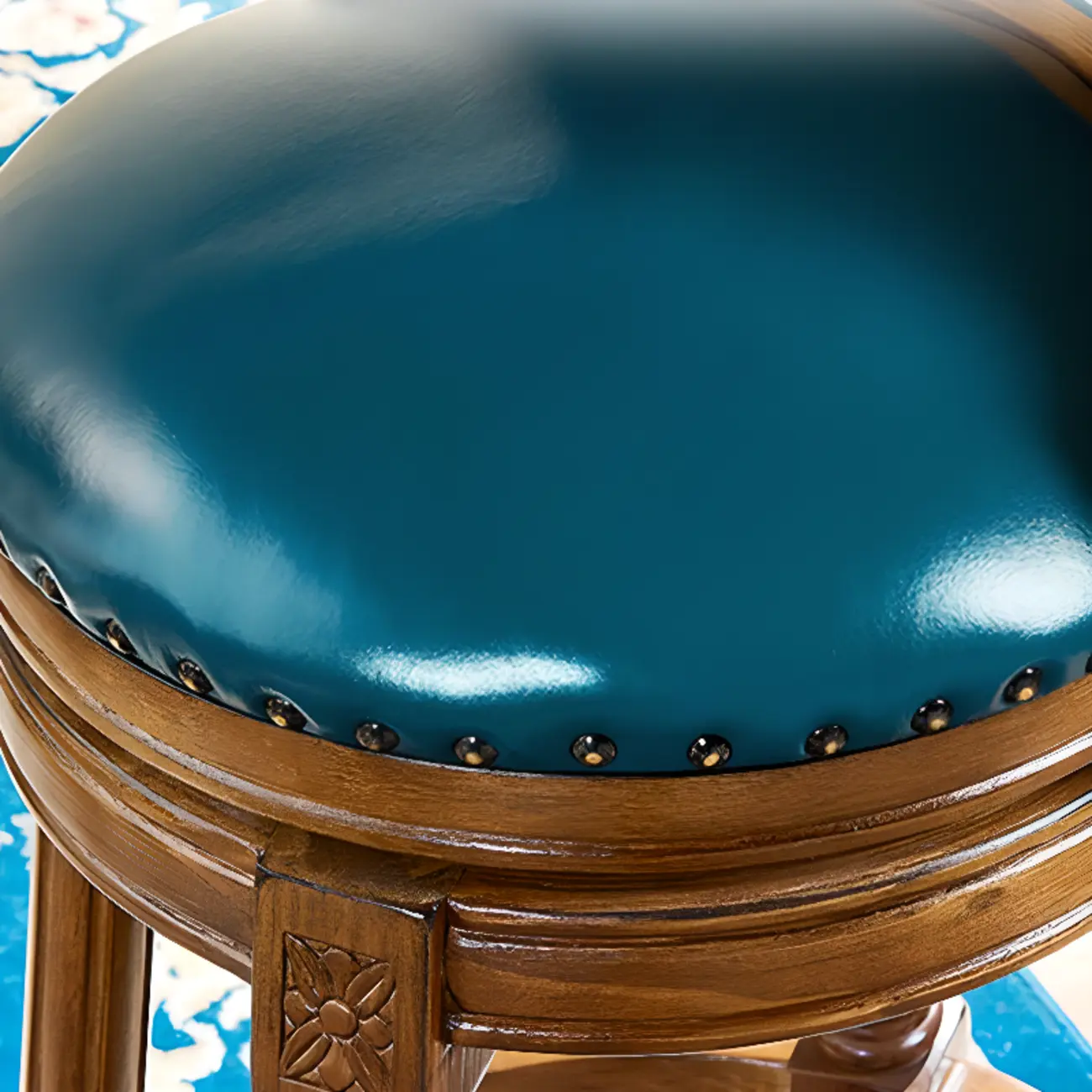 Traditional Blue Faux Leather Swivel Round Bar Stools Image - 9 | homeyfad