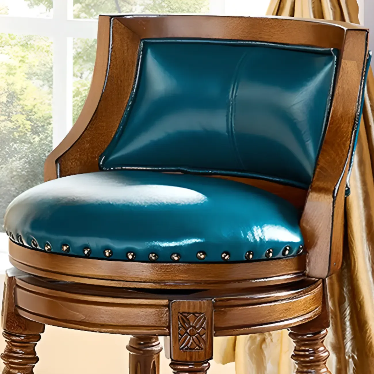 Traditional Blue Faux Leather Swivel Round Bar Stools Image - 8