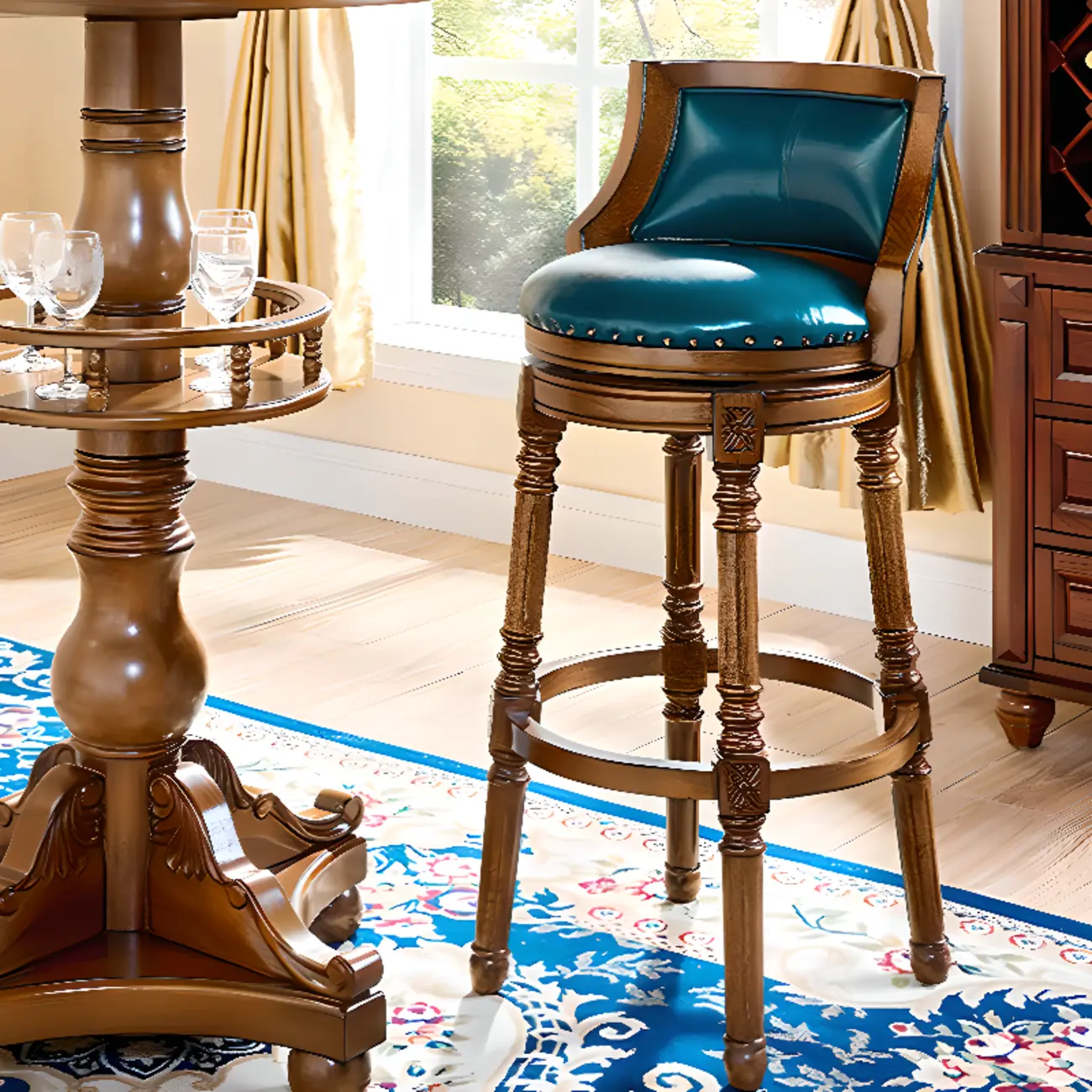 Traditional Blue Faux Leather Swivel Round Bar Stools Image - 2 | homeyfad