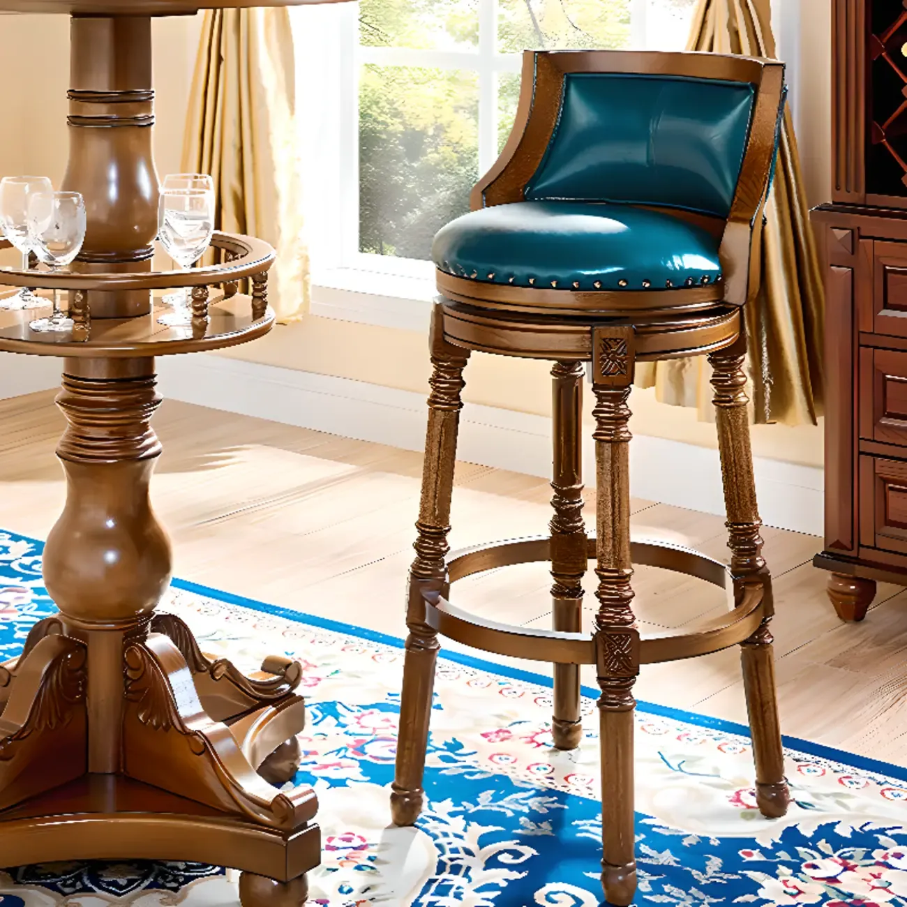 Traditional Blue Faux Leather Swivel Round Bar Stools Image - 2