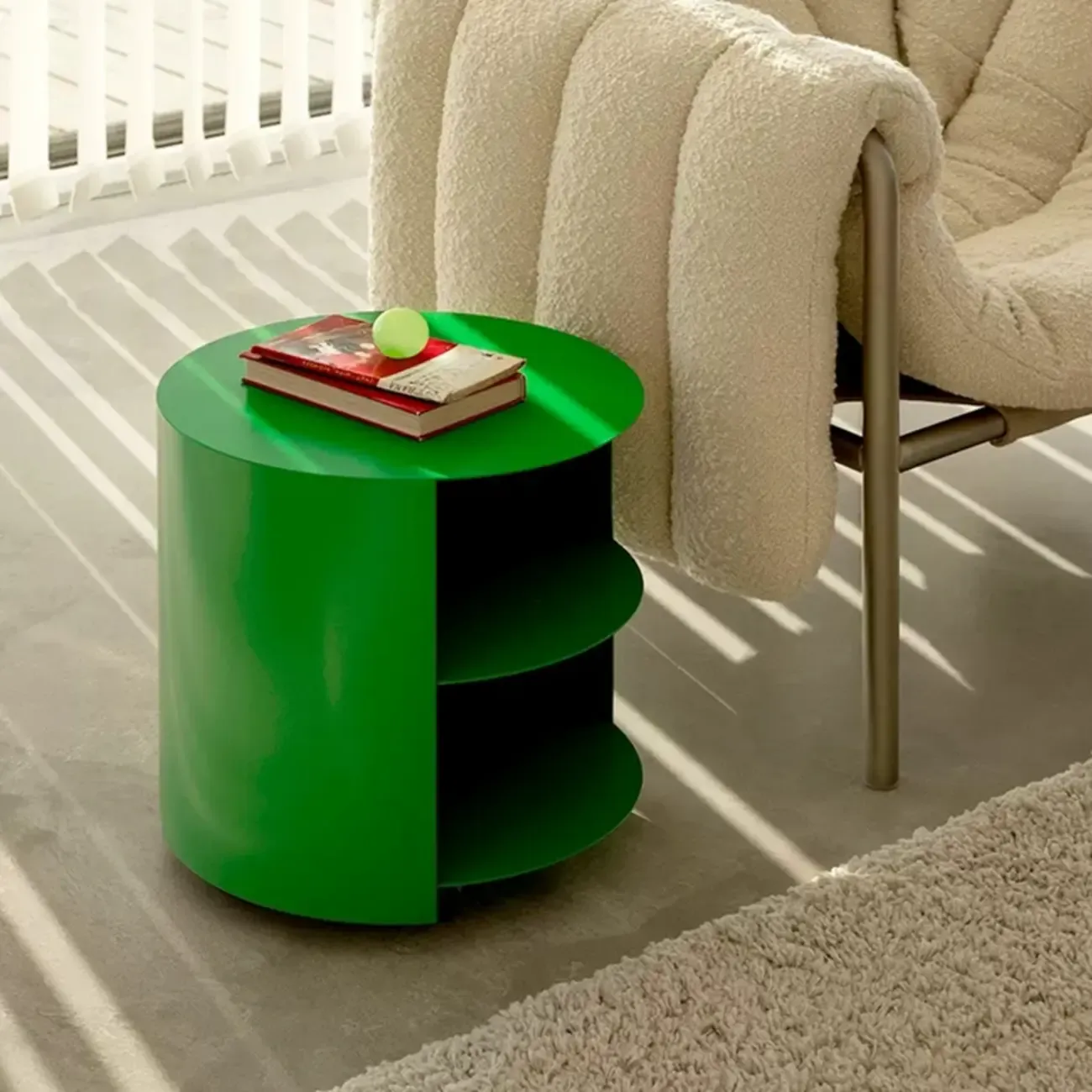 Cylinder Metal	Green Chairside Table with Storage & Wheels