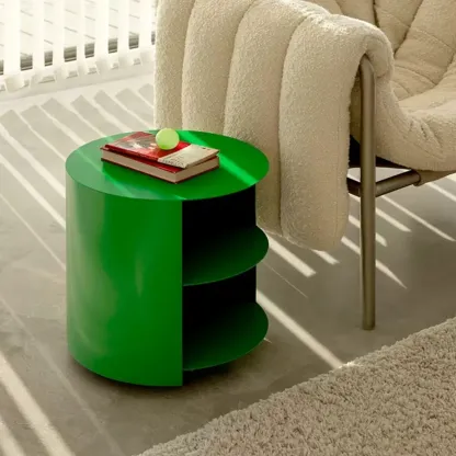 Cylinder Metal	Green Chairside Table with Storage & Wheels