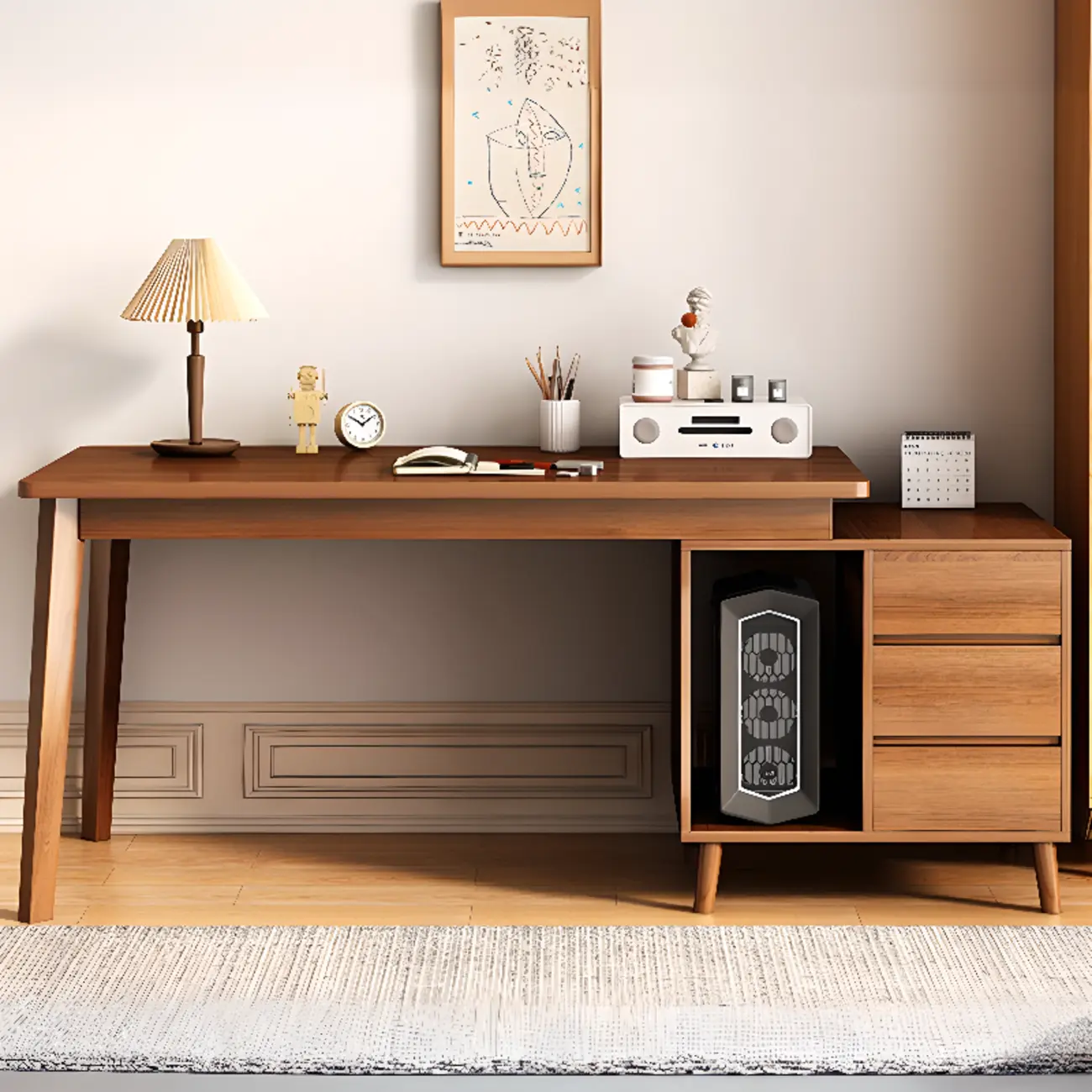 White Wood Shelf Computer Desk with CPU Storage Image - 2 | homeyfad