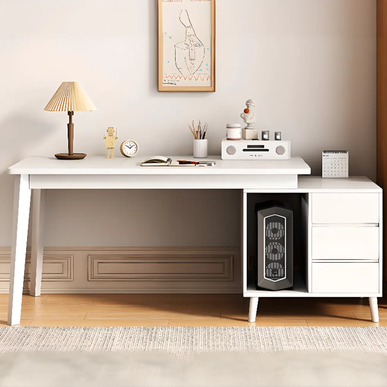 White Wood Shelf Computer Desk with CPU Storage Image - 1 | homeyfad