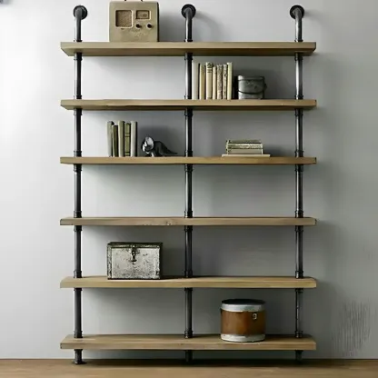 Etagere Brown Wood 6-Shelf Rectangle Open Bookcase Image - 1