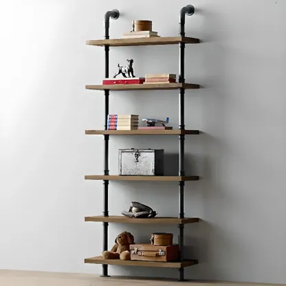 Etagere Brown Wood 6-Shelf Rectangle Open Bookcase Image - 2