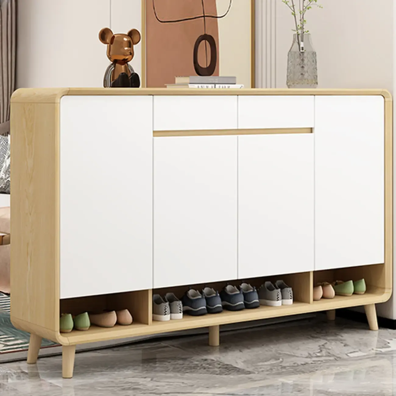 Natural Solid Wood Shoe Cabinet for Entryway Image - 4