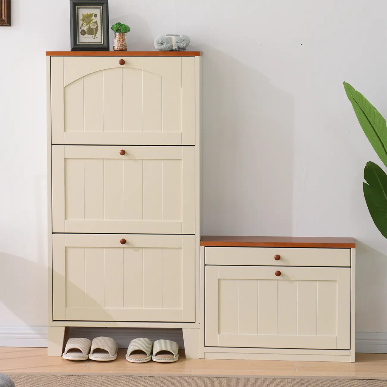Entryway White/ Tawny Wooden Wall-Mounted Shoe Cabinet Image - 1 | homeyfad