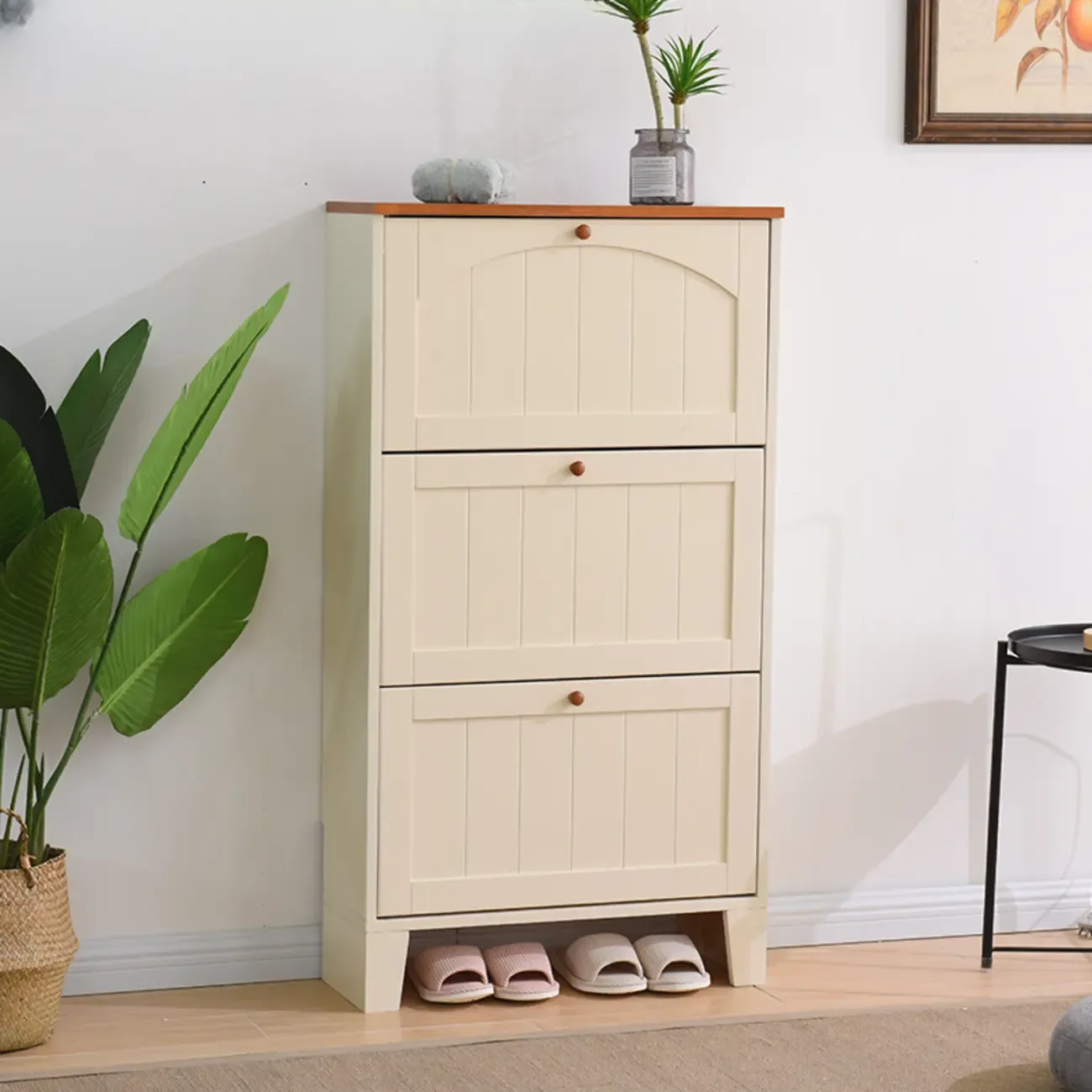 Entryway White/ Tawny Wooden Wall-Mounted Shoe Cabinet Image - 3