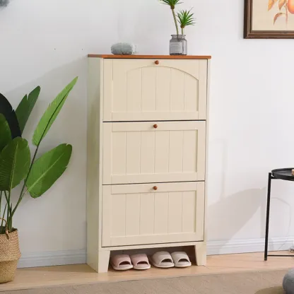 Entryway White/ Tawny Wooden Wall-Mounted Shoe Cabinet Image - 3