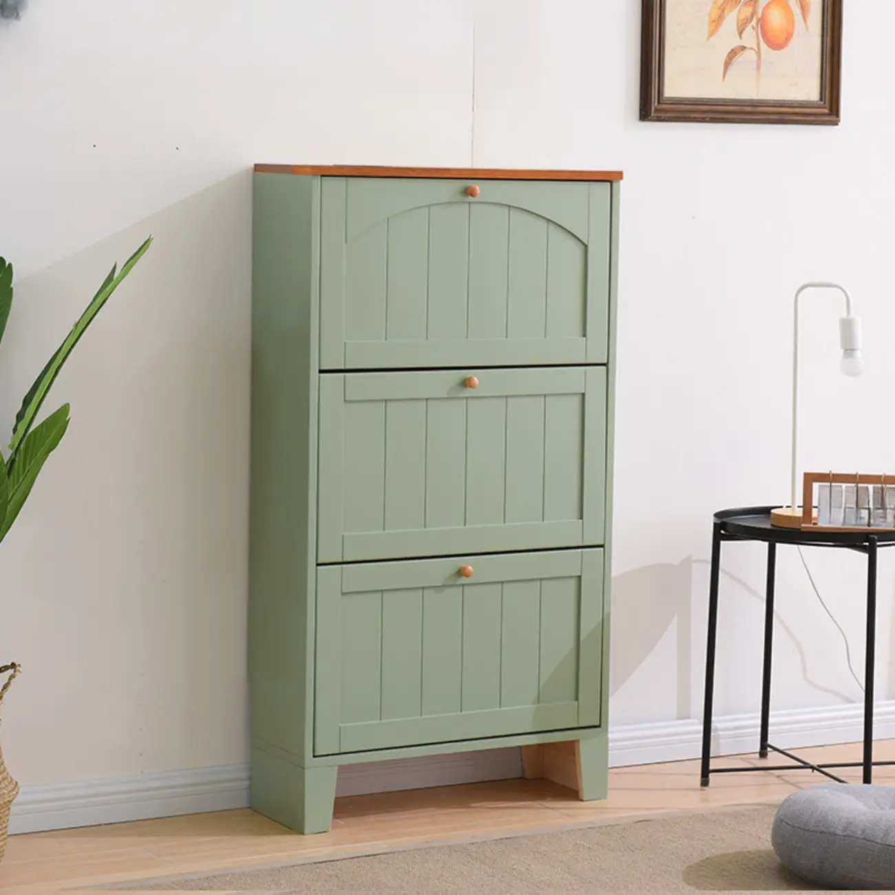 Entryway White/ Tawny Wooden Wall-Mounted Shoe Cabinet Image - 4 | homeyfad