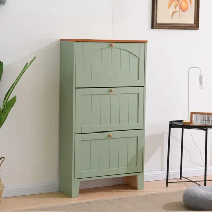 Entryway White/ Tawny Wooden Wall-Mounted Shoe Cabinet Image - 4